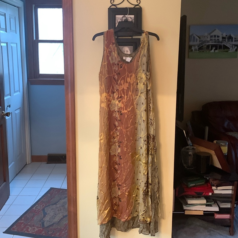 Boho two layer dream dress in a fall multicolor with streaks of gold